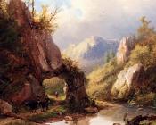 约翰伯纳德格隆贝克 - A Mountain Valley With A Peasant And Cattle Passing Along A Stream